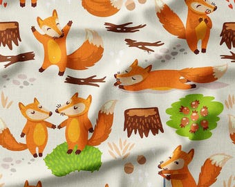 Playful Foxes in the Forest on Cream Cotton Fabric by the Yard – Cute Woodland Animal Design for Kids' Quilting, Sewing, and Nursery Decor