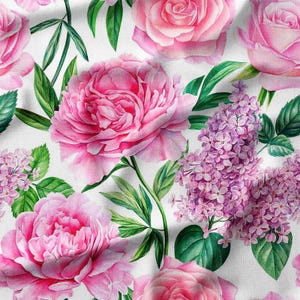 Pink Peonies, Roses, and Lilacs with Green Leaves on White Cotton Fabric by the Yard - Luxurious Floral Design for Quilting, Sewing, Crafts
