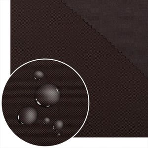 May include: Close-up of a dark brown fabric with a water-repellent finish. The fabric has a textured weave, and several water droplets are visible on the surface, indicating its waterproof properties. The image highlights the fabric's texture and its ability to repel water.