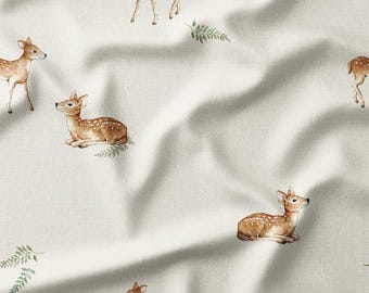 Young Cute Deer Cotton Fabric by the Yard Adorable Animal Fawns with Ferns on Cream Sewing Fabric for Quilting Bedding and DIY Projects