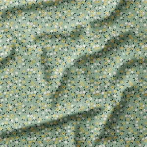 Cotton Fabric by the Yard - Tiny Yellow and White Flowers on Sage Green Background - Perfect for Quilting, Sewing, and Home Decor Projects