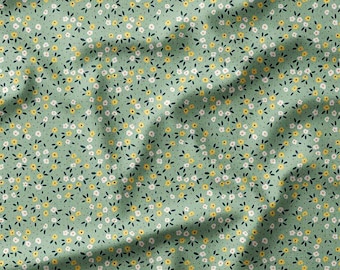 Cotton Fabric by the Yard - Tiny Yellow and White Flowers on Sage Green Background - Perfect for Quilting, Sewing, and Home Decor Projects