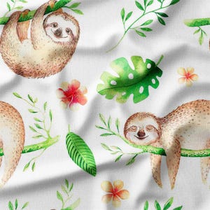 Cotton Fabric by the Yard - Adorable Sloths with Tropical Leaves and Flowers on White, Perfect for Kids' Quilting, Nursery Decor, DIY Crafts