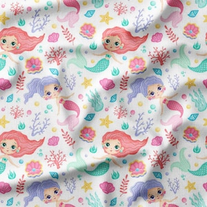Mermaids and Sea Creatures on White Cotton Fabric by the Yard - Whimsical Design for Quilting, Sewing, Crafts, and Kids Decor