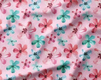 Fabric by the Yard – Watercolor Floral Pattern on Pink Background, Available in Cotton, Linen, Bamboo & More – Perfect for DYI and Crafts