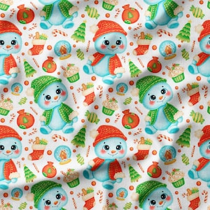 Fabric by the Yard - Adorable Snowmen, Christmas Trees, and Ornaments on White Background, Perfect for Holiday Crafts, and Winter Decor