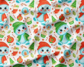 Fabric by the Yard - Adorable Snowmen, Christmas Trees, and Ornaments on White Background, Perfect for Holiday Crafts, and Winter Decor