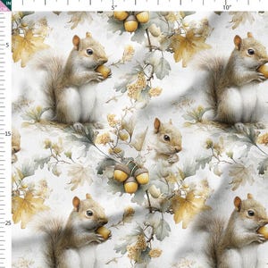 May include: A repeating pattern featuring squirrels, acorns, and autumn leaves in shades of brown, beige, and yellow on a white background. The squirrels are holding acorns. The design is suitable for fabric or wallpaper.