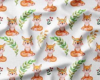 Cute Foxes and Greenery Cotton Fabric by the Yard - Adorable Woodland Animal Design for Kids' Quilting, Pillows, and DIY Crafts