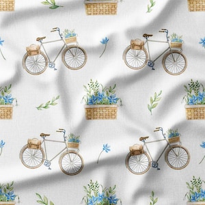 Vintage Bicycle and Flower Basket Cotton Fabric by the Yard Pastel Bike Design for Sewing, Quilting, Home Decor, and DIY Projects