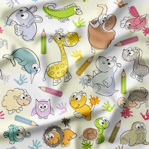 Cartoon Animals Cotton Fabric by the Yard Fun Animal with Pencils and Handprints Design for Kids Sewing, Quilting, Bedding, and DIY Projects