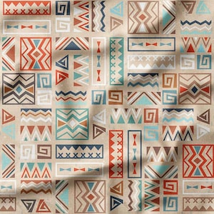 Colorful Tribal Geometric Pattern on Beige Cotton Fabric by the Yard – Aztec-Inspired Design for Quilting, Sewing, Pillows, and Home Decor