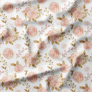 Delicate Pink and Gold Roses with Green Leaves on White Cotton Fabric by the Yard - Elegant Floral Design for Quilting, Sewing, and Crafts