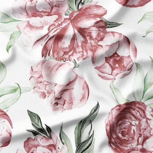 Cotton Fabric by the Yard – Blush Peonies with Green Leaves – Watercolor Floral Design