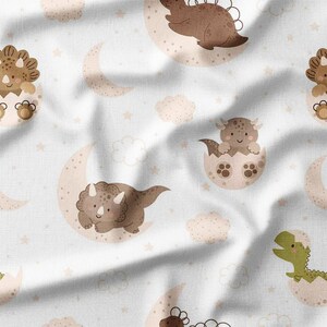 Dinosaur and Moon Cotton Fabric by the Yard Cute Baby Dinosaurs with Moons and Stars Design for Kids Sewing Supplies Fabric for Bedding DIY