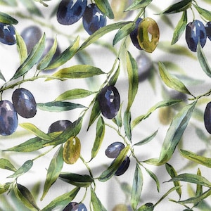 Cotton Fabric by the Yard – Watercolor Olive Branches with Green & Black Olives – Mediterranean