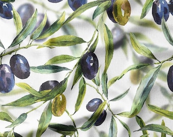 Cotton Fabric by the Yard – Watercolor Olive Branches with Green & Black Olives – Mediterranean