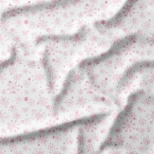 Pink Snowflake Fabric - Pink Snowflakes on a white background Holiday Pattern - Printed Cotton Fabric by the Yard - Linen Muslin Knit Jersey