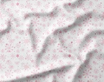 Pink Snowflake Fabric - Pink Snowflakes on a white background Holiday Pattern - Printed Cotton Fabric by the Yard - Linen Muslin Knit Jersey