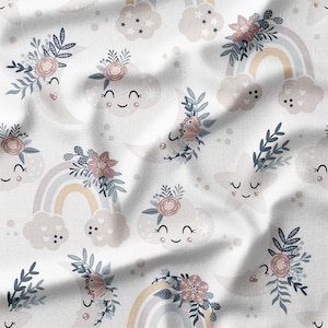 Adorable Moons, Clouds, Stars, and Rainbows with Floral Accents on White Cotton Fabric by the Yard - Great for Sewing, Quilting, Nursery