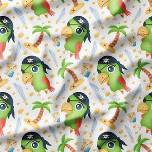 Pirate Parrot Cotton Fabric by the Yard – Fun Parrots with Treasure Maps and Swords, Ideal for Kids' Crafts, Clothing, and Nursery Decor