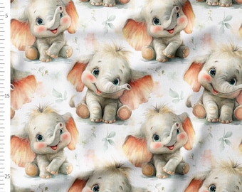 Cotton Fabric by the Yard, Baby Elephant with Big Ears, Soft Watercolor Nursery Animal on White