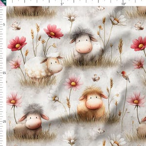 May include: A repeating pattern featuring cartoon sheep with fluffy wool, set amongst pink and white flowers, butterflies, and tall grass. The sheep have smiling faces and are in a field of flowers. The background is a light grey.
