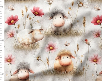 Cotton Fabric by the Yard, Sheep and Lambs with Pink Daisies, Neutral Farmhouse Nursery