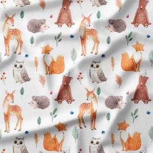 Woodland Animals and Leaves on White Cotton Fabric by the Yard – Foxes, Deer, Bears, and Owls Design for Kids&#39; Quilting, Pillows, Decor