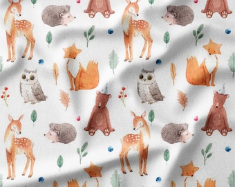 Woodland Animals and Leaves on White Cotton Fabric by the Yard – Foxes, Deer, Bears, and Owls Design for Kids' Quilting, Pillows, Decor