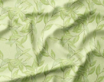 Green Leaves Watercolor Cotton Linen Knit Fabric by the Yard Botanical Foliage Design for Sewing, Quilting, Home Decor, and DIY Projects