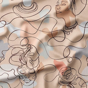 Abstract Faces and Earthy Tones on Beige Cotton Fabric by the Yard – Modern and Minimalist Design for Quilting, DIY Crafts, and Home Decor