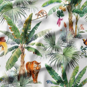 Jungle Safari Cotton Fabric by the Yard - Tropical Tiger and Monkey Design for Sewing, Quilting, Home Decor, DIY and Crafting Projects