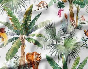 Jungle Safari Cotton Fabric by the Yard - Tropical Tiger and Monkey Design for Sewing, Quilting, Home Decor, DIY and Crafting Projects
