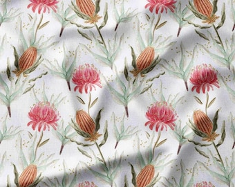 Cotton Fabric by the Yard – Pink Protea Blooms with Sage Leaves – Watercolor Botanical Pattern