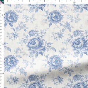 Linnen stof op maat gesneden – blauwe toile bloemen met rozentrossen en takjes, bedrukt (alleen blauw)