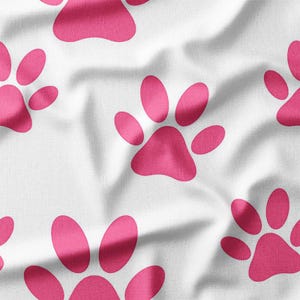 Pink Paw Prints on White Cotton Fabric by the Yard - Fun and Playful Pattern for Pet-Themed Quilting, Sewing, and DIY Crafts