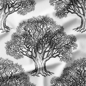 Fabric by the Yard - Black and White Majestic Oak Tree Design, Perfect for DIY Projects, Home Decor, Quilting, Upholstery, and Crafts