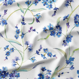 Cotton Fabric by the Yard – Blue Wildflowers on White, Perfect for Quilting, DIY Projects, and Home Decor – Available in Cotton, Viscose