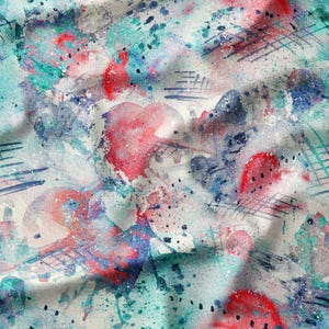 Abstract Watercolor Hearts and Music Notes Cotton Fabric by the Yard - Artistic Red, Blue, and Green Design for Quilting and Sewing Projects