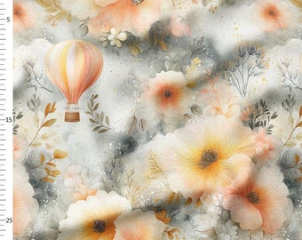Cotton Fabric by the Yard, Pastel Hot Air Balloon, Blush Floral Watercolor Nursery Print