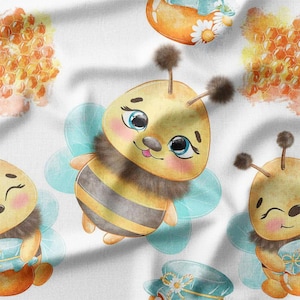 Adorable Cartoon Bees with Honeycombs and Jars Cotton Fabric by the Yard Perfect for Kids Quilting, Bedding, and DIY Crafts