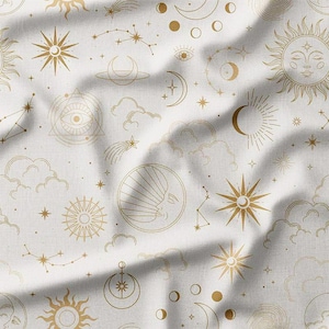 Gold Celestial Sun, Moon, and Stars on Cream Cotton Fabric by the Yard – Mystical Constellation Design for Quilting, Pillows, and Home Decor