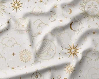 Gold Celestial Sun, Moon, and Stars on Cream Cotton Fabric by the Yard – Mystical Constellation Design for Quilting, Pillows, and Home Decor