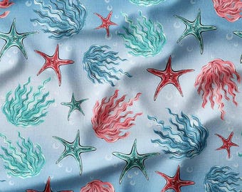 Cotton Fabric by the Yard - Vibrant Starfish and Wavy Coral on Light Blue Background, Perfect for Coastal and Marine-Themed Projects