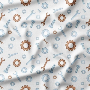Brown and Blue Gears and Tools Cotton Fabric by the Yard - Mechanical Pattern with Wrenches, Bolts, and Nuts - Cotton bamboo viscose fabric