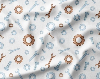 Brown and Blue Gears and Tools Cotton Fabric by the Yard - Mechanical Pattern with Wrenches, Bolts, and Nuts - Cotton bamboo viscose fabric