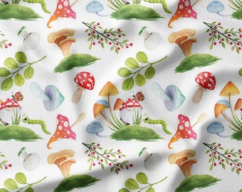 Fabric by the Yard - Colorful Mushrooms, Leaves, and Gnomes on White Cotton - Perfect for Quilting, Sewing, and DIY Craft Projects