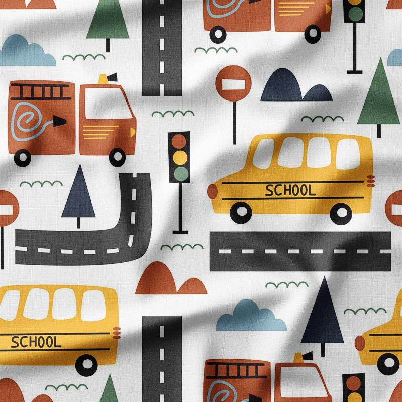 Cotton Fabric by the Yard – Yellow School Bus and Road Signs Pattern on White – Perfect for Kids' Quilting, Sewing, and Nursery Decor