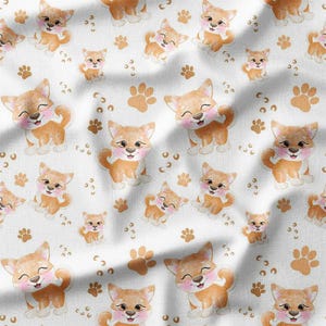 Shiba Inu Puppy Cotton Fabric by the Yard Cute Shiba Inu Dogs with Paw Design for Kids Girls Boys  Sewing, Quilting, Bedding, and DIY